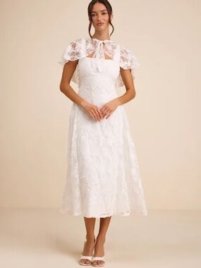 Lulu's White Lace Midi Dress with Capelet Tie